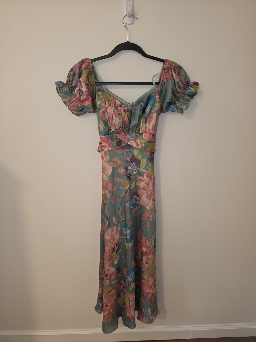 Floral Puff-Sleeve Midi Dress in Teal and Pink